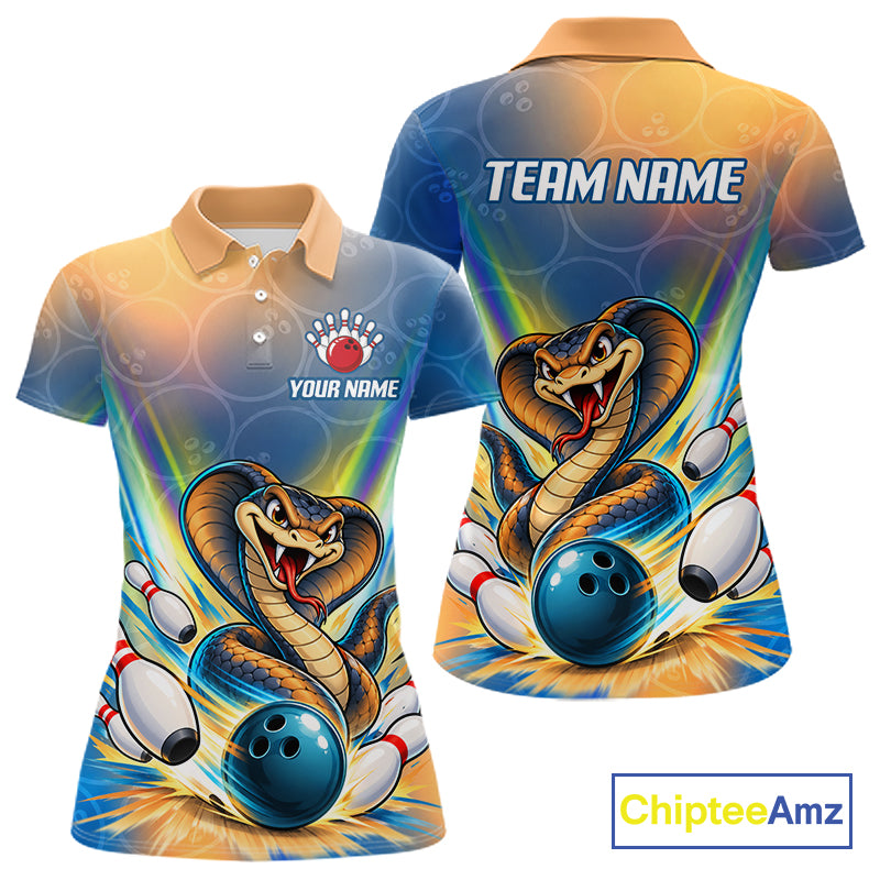 Blue Orange Custom Cobra Snake Bowling Shirts For Women Polo 1/4 Zip Bowling Team Shirt NBT1199