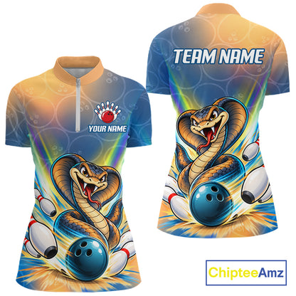 Blue Orange Custom Cobra Snake Bowling Shirts For Women Polo 1/4 Zip Bowling Team Shirt NBT1199