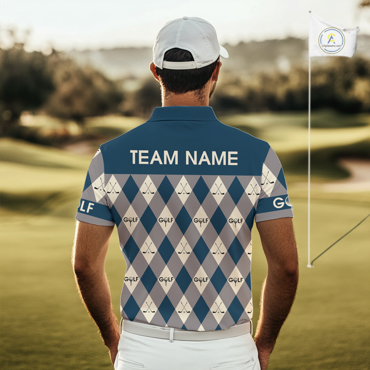 Funny Golf Ball Mens Golf Polo Shirts Custom Blue Argyle Pattern Golf Attire For Men, Golfer Gifts NBT627