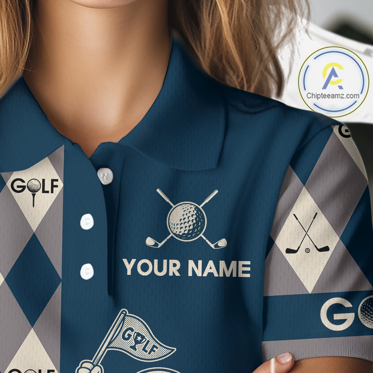 Funny Golf Ball Womens Golf Polo Shirts Custom Blue Argyle Pattern Golf Attire For Ladies, Golfer Gifts NBT627