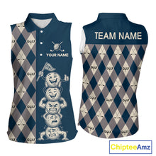 Load image into Gallery viewer, Funny Golf Ball Womens Sleeveless Golf Polo Shirts Custom Blue Argyle Pattern Golf Attire For Ladies, Golfer Gifts NBT627