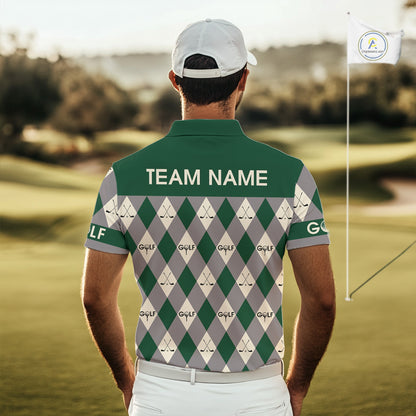 Funny Golf Ball Mens Golf Polo Shirts Custom Green Argyle Pattern Golf Attire For Men, Golfer Gifts NBT628
