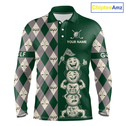 Funny Golf Ball Mens Golf Polo Shirts Custom Green Argyle Pattern Golf Attire For Men, Golfer Gifts NBT628