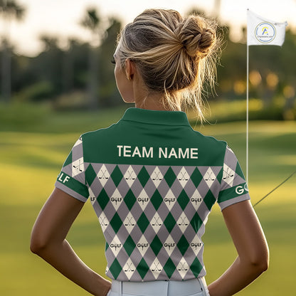 Funny Golf Ball Womens Golf Polo Shirts Custom Green Argyle Pattern Golf Attire For Ladies, Golfer Gifts NBT628