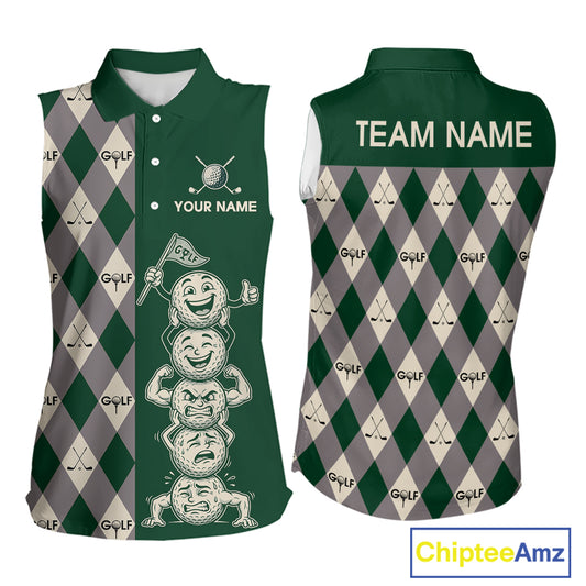 Funny Golf Ball Womens Sleeveless Golf Polo Shirts Custom Green Argyle Pattern Golf Attire For Ladies, Golfer Gifts NBT628