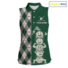 Load image into Gallery viewer, Funny Golf Ball Womens Sleeveless Golf Polo Shirts Custom Green Argyle Pattern Golf Attire For Ladies, Golfer Gifts NBT628