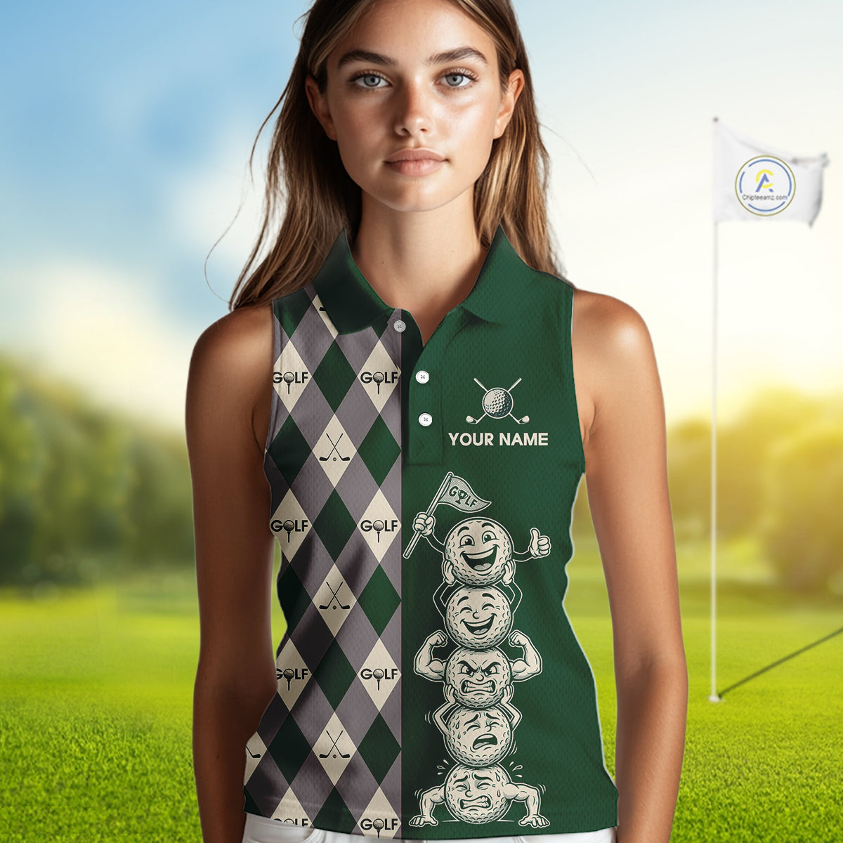 Funny Golf Ball Womens Sleeveless Golf Polo Shirts Custom Green Argyle Pattern Golf Attire For Ladies, Golfer Gifts NBT628