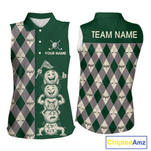 Load image into Gallery viewer, Funny Golf Ball Womens Sleeveless Golf Polo Shirts Custom Green Argyle Pattern Golf Attire For Ladies, Golfer Gifts NBT628