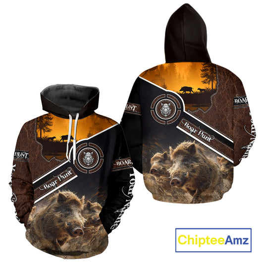 Wild Boar Hunting Leather Pattern Custom Name 3D All Over Printed Shirts Personalized Boar Shirt NBT143
