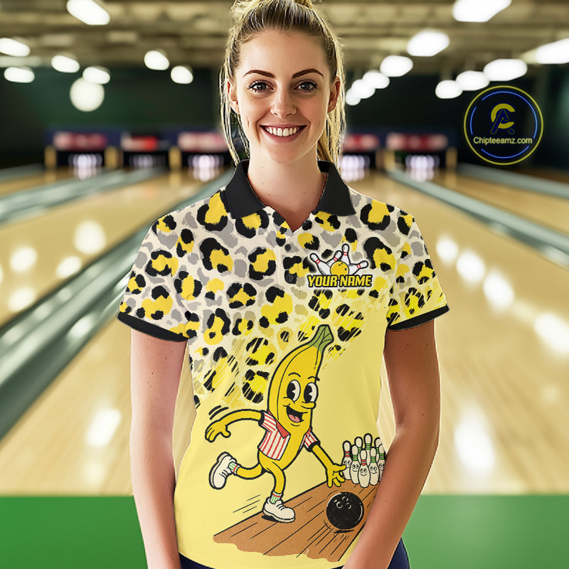 Funny Banana Leopard Pattern Bowling Jersey For Women Custom Bowling Team Shirts, Personalized Bowling Gift NBT1081