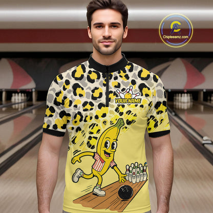 Funny Banana Leopard Pattern Bowling Jersey For Men Custom Bowling Team Shirts, Personalized Bowling Gift NBT1081
