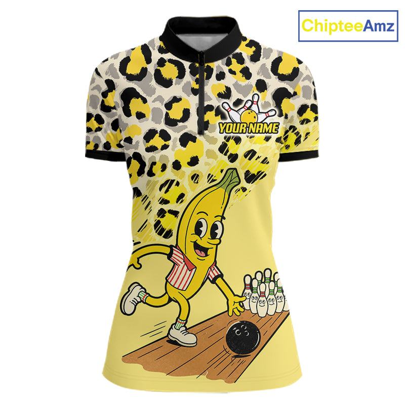 Funny Banana Leopard Pattern Bowling Jersey For Women Custom Bowling Team Shirts, Personalized Bowling Gift NBT1081