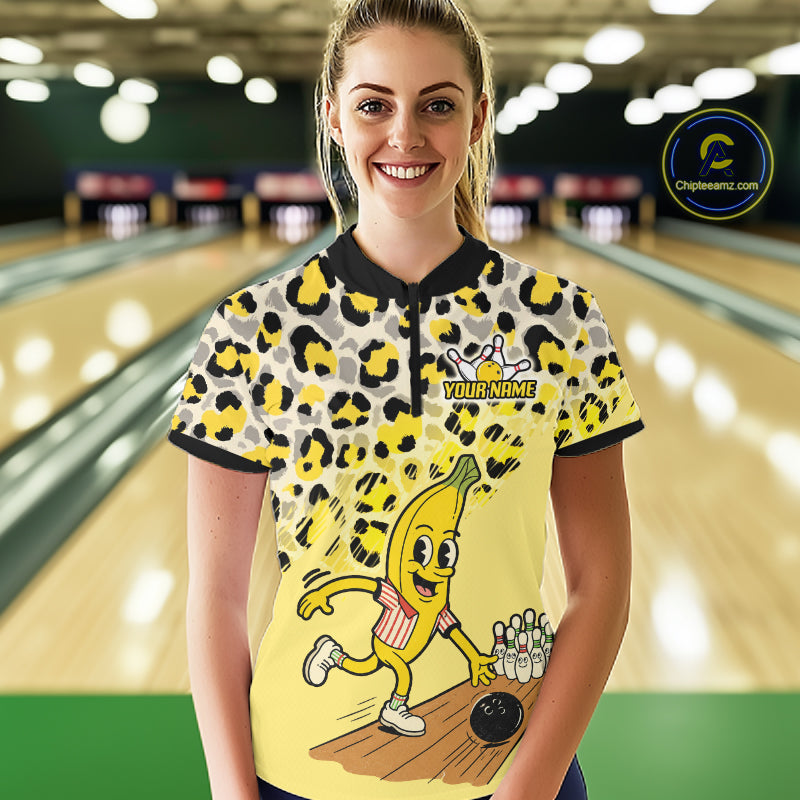 Funny Banana Leopard Pattern Bowling Jersey For Women Custom Bowling Team Shirts, Personalized Bowling Gift NBT1081