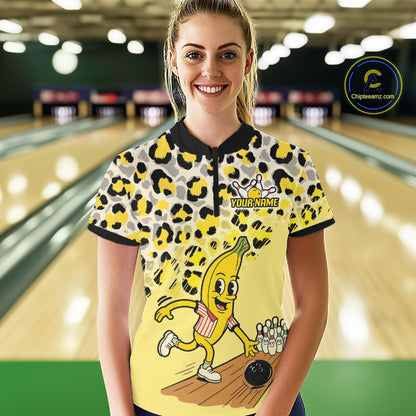 Funny Banana Leopard Pattern Bowling Jersey For Women Custom Bowling Team Shirts, Personalized Bowling Gift NBT1081