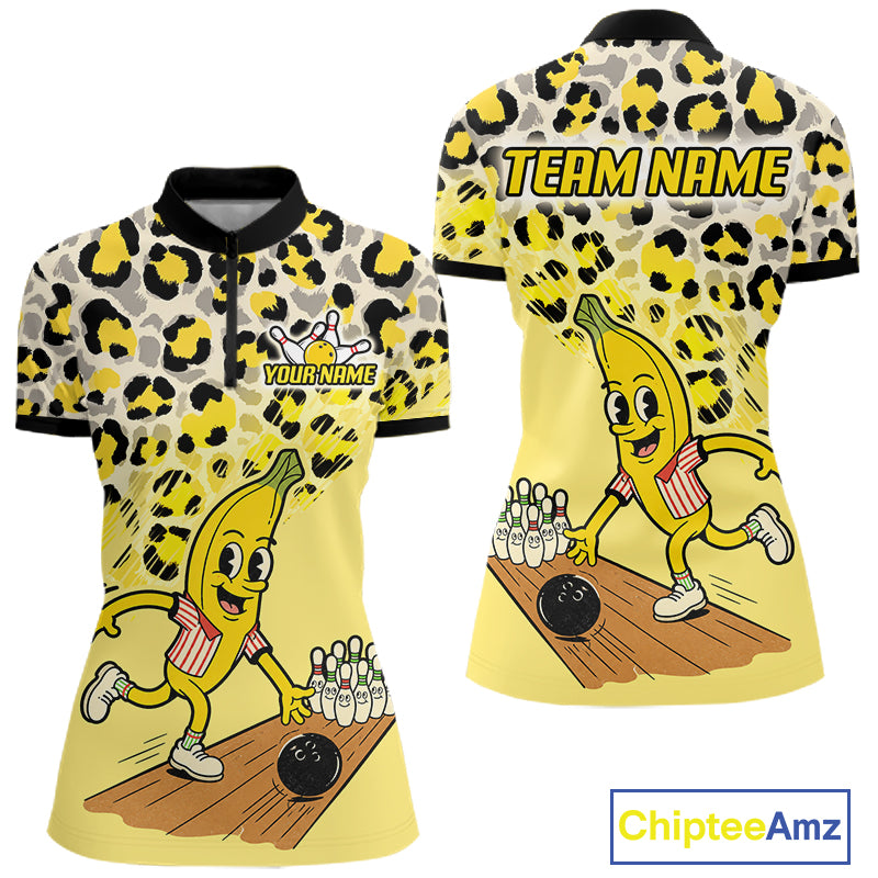 Funny Banana Leopard Pattern Bowling Jersey For Women Custom Bowling Team Shirts, Personalized Bowling Gift NBT1081