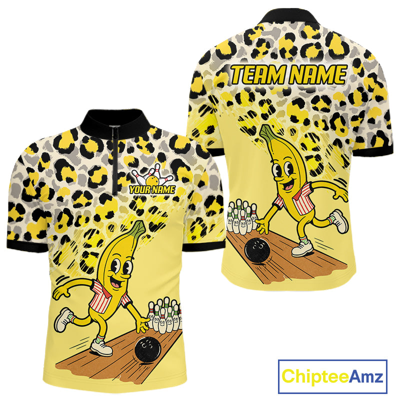 Funny Banana Leopard Pattern Bowling Jersey For Men Custom Bowling Team Shirts, Personalized Bowling Gift NBT1081