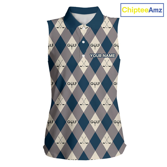 Blue Argyle Plaid Pattern Womens Sleeveless Golf Polo Shirts Custom Golf Attire For Ladies, Team Golf Shirt NBT636