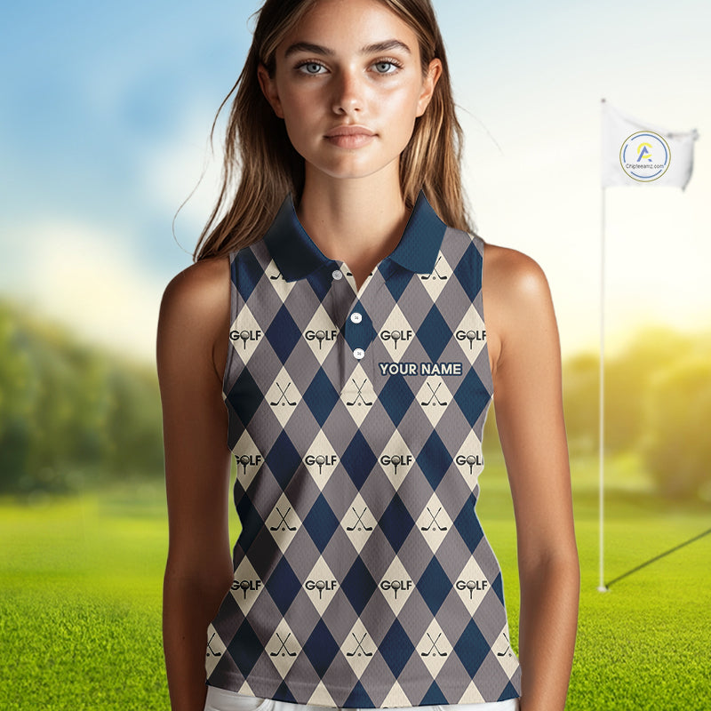 Blue Argyle Plaid Pattern Womens Sleeveless Golf Polo Shirts Custom Golf Attire For Ladies, Team Golf Shirt NBT636