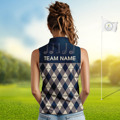 Blue Argyle Plaid Pattern Womens Sleeveless Golf Polo Shirts Custom Golf Attire For Ladies, Team Golf Shirt NBT636