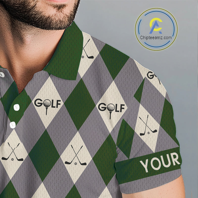 Green Argyle Plaid Pattern Mens Golf Polo Shirts Custom Golf Attire For Men, Team Golf Shirt NBT637