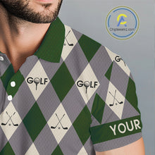 Load image into Gallery viewer, Green Argyle Plaid Pattern Mens Golf Polo Shirts Custom Golf Attire For Men, Team Golf Shirt NBT637