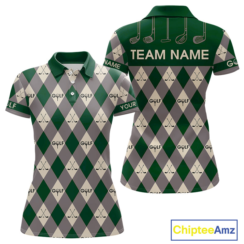 Green Argyle Plaid Pattern Womens Golf Polo Shirts Custom Golf Attire For Ladies, Team Golf Shirt NBT637