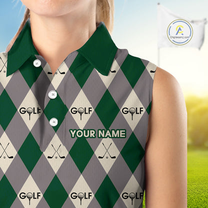 Green Argyle Plaid Pattern Womens Sleeveless Golf Polo Shirts Custom Golf Attire For Ladies, Team Golf Shirt NBT637