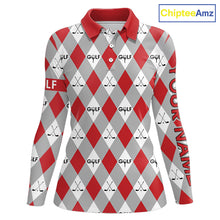 Load image into Gallery viewer, Red Argyle Plaid Pattern Womens Golf Polo Shirts Custom Golf Attire For Ladies, Team Golf Shirt NBT638