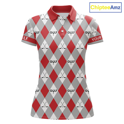 Red Argyle Plaid Pattern Womens Golf Polo Shirts Custom Golf Attire For Ladies, Team Golf Shirt NBT638