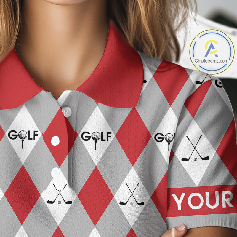 Red Argyle Plaid Pattern Womens Golf Polo Shirts Custom Golf Attire For Ladies, Team Golf Shirt NBT638