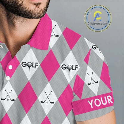 Pink Argyle Plaid Pattern Mens Golf Polo Shirts Custom Golf Attire For Men, Team Golf Shirt NBT639