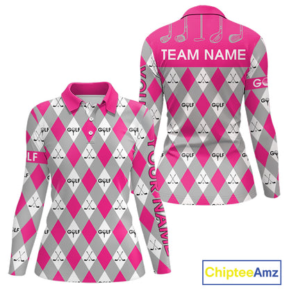 Pink Argyle Plaid Pattern Womens Golf Polo Shirts Custom Golf Attire For Ladies, Team Golf Shirt NBT639