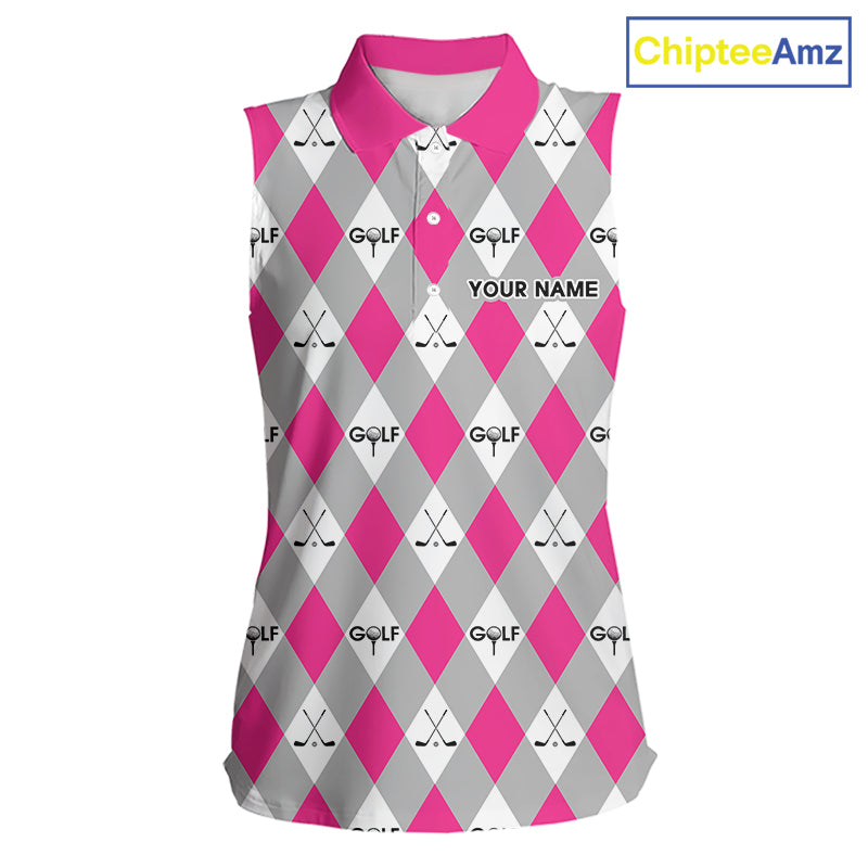 Pink Argyle Plaid Pattern Womens Sleeveless Golf Polo Shirts Custom Golf Attire For Ladies, Team Golf Shirt NBT639