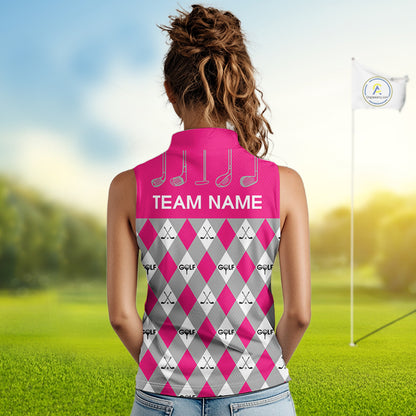 Pink Argyle Plaid Pattern Womens Sleeveless Golf Polo Shirts Custom Golf Attire For Ladies, Team Golf Shirt NBT639