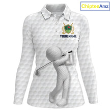 Load image into Gallery viewer, Front view Custom Name womens long sleeve golf polo shirt with unique golf ball pattern and personalized design