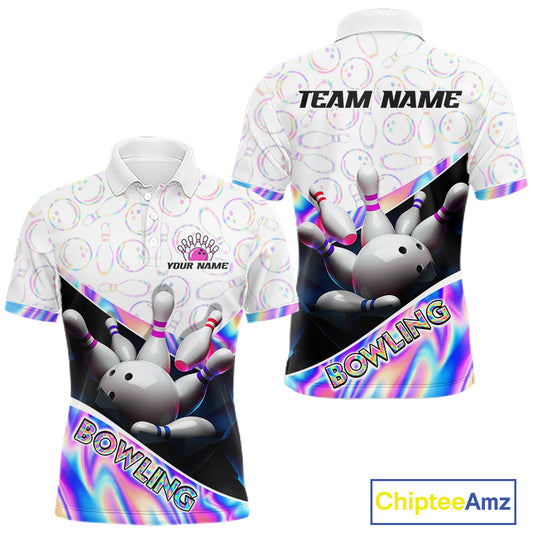 Front and back view of custom neon cosmic men’s bowling team polo shirt
