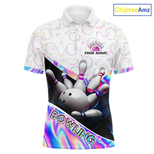 Front view of custom neon cosmic bowling shirt for men in team polo style