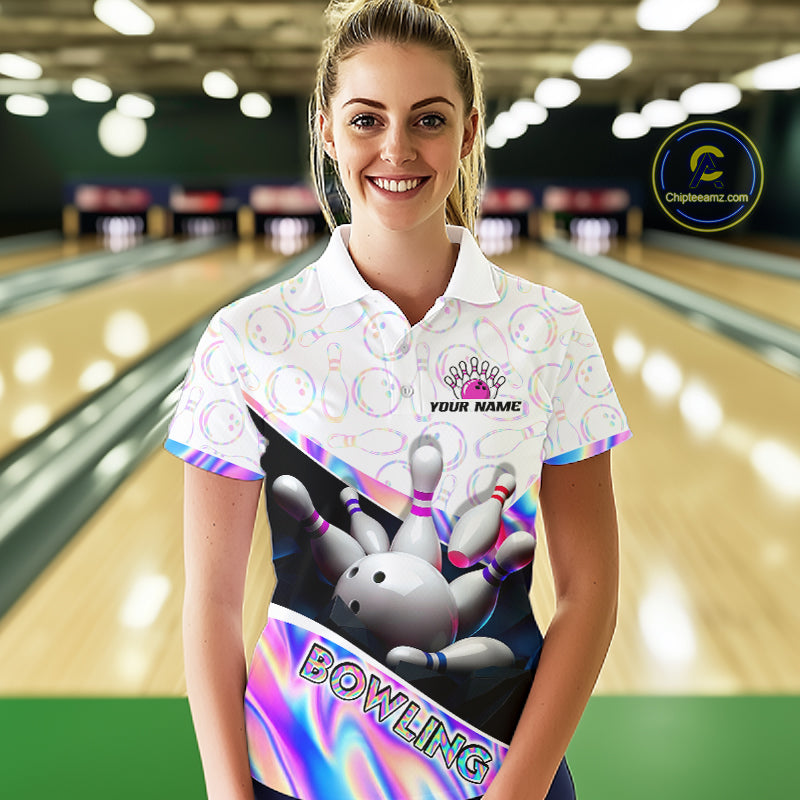 Woman bowler wearing custom neon cosmic bowling team polo shirt on the lanes
