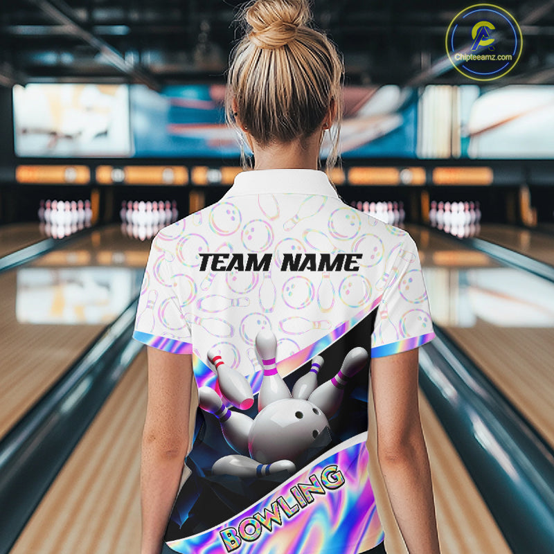 Woman bowler wearing custom neon cosmic bowling team polo shirt on the lanes - back view