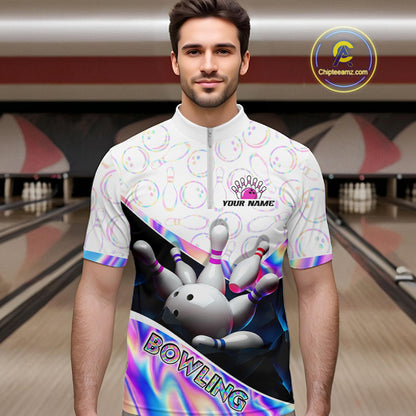 Man bowler wearing custom neon cosmic bowling team 1/4 quarter-zip shirt on the lanes