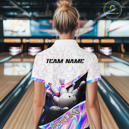 Woman bowler wearing custom neon cosmic bowling team 1/4 quarter zip shirt on the lanes - back view