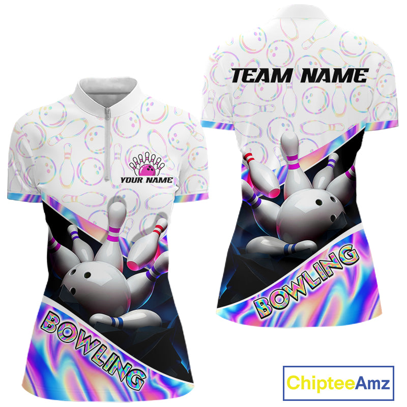 Front and back view of custom neon cosmic bowling quarter zip shirt for women with white zipper
