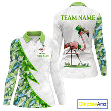 Load image into Gallery viewer, Front and back view Funny Flamingo green clover pattern white womens long sleeve golf polo shirt St Patrick Day