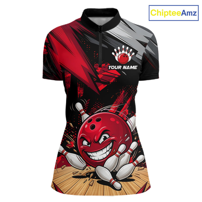 Custom Funny Bowling Ball  Bowling Women Polo & 1/4 Quarter Zip Shirt, Red Bowling Team Shirt NBT929