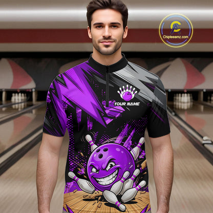 Custom Funny Bowling Ball  Bowling Men Polo & 1/4 Quarter Zip Shirt, Purple Bowling Team Shirt NBT930