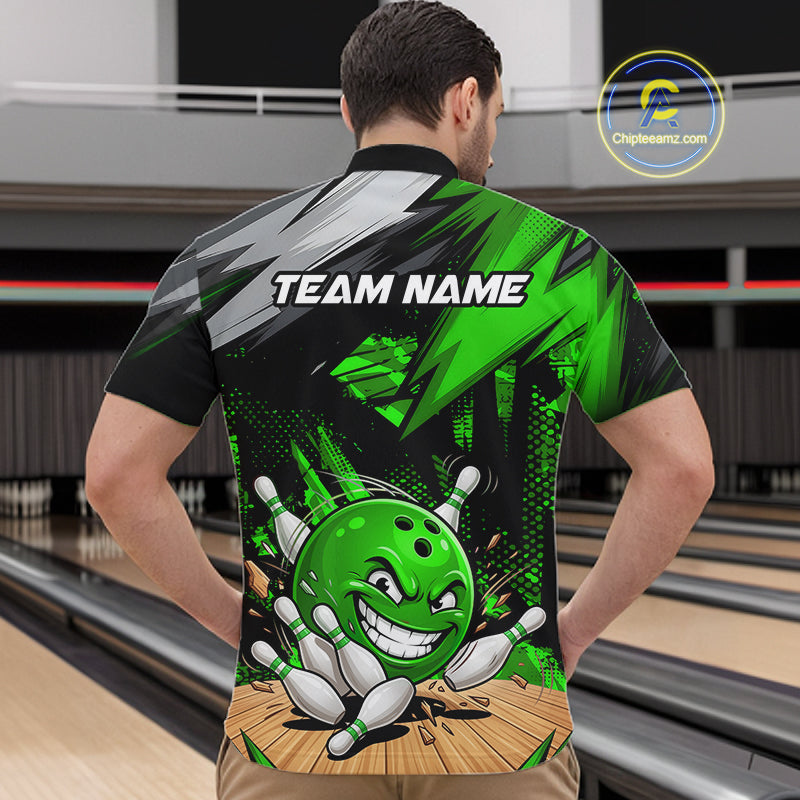 Custom Funny Bowling Ball  Bowling Men Polo & 1/4 Quarter Zip Shirt, Green Bowling Team Shirt NBT931