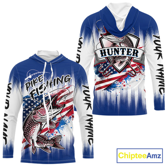 Personalized American Flag Northern Pike Long Sleeve Hooded Fishing Shirts, Patriotic Pike Fishing Jerseys|Blue NBT655