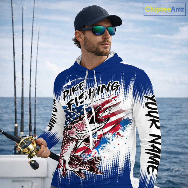 Personalized American Flag Northern Pike Long Sleeve Hooded Fishing Shirts, Patriotic Pike Fishing Jerseys|Blue NBT655