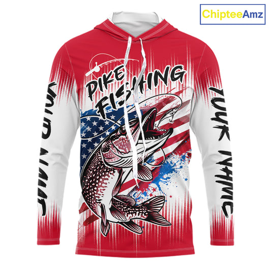 Personalized American Flag Northern Pike Long Sleeve Hooded Fishing Shirts, Patriotic Pike Fishing Jerseys|Red NBT656