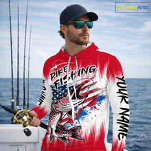 Load image into Gallery viewer, Personalized American Flag Northern Pike Long Sleeve Hooded Fishing Shirts, Patriotic Pike Fishing Jerseys|Red NBT656